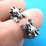 Adjustable Realistic Double Giraffe Animal Hug Wrap Ring in Silver  