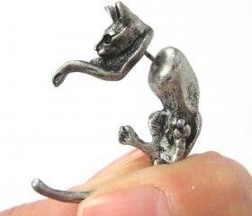 Kitty Cat Animal Pet 3D Fake Gauge Stud Earrings in Silver 