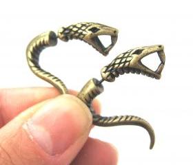Fake Gauge Realistic Snake Cobra Animal 3D Plug Stud Earrings in Bronze