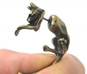 Kitty Cat Animal Pet Fake Gauge Piercing 3D Plug Stud Earrings in Bronze