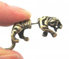 Fake Gauge Realistic Tiger Cat Animal 3D Plug Stud Earrings in Bronze