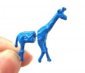 Fake Gauge Realistic Giraffe Animal 3D Plug Stud Earrings in Blue