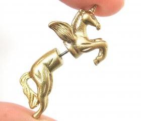 Unicorn Pegasus Horse Animal Fake Gauge 3D Plug Stud Earrings in Shiny Gold