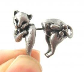 Cute Fake Gauge Kitty Cat Cute Animal 3D Plug Stud Earrings in Silver
