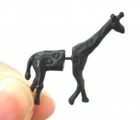 Fake Gauge Realistic Giraffe Animal 3D Plug Stud Earrings in Black