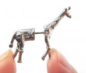 Fake Gauge Realistic Giraffe Animal 3D Plug Stud Earrings in SHINY Silver