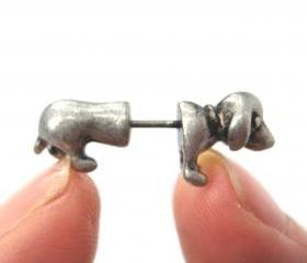 Tiny Fake Gauge Plug Puppy Dog Cute Animal 3D Plug Stud Earrings in Silver