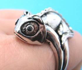 3D Adjustable Iguana Chameleon Animal Wrap Around Hug Ring in SHINY Silver 