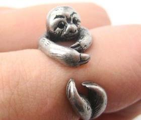 Realistic Sloth Animal Wrap Around Hug Ring in Silver - Sizes 5 to 10 Available