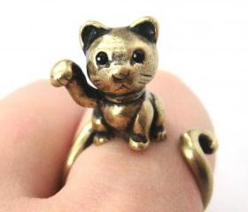 Realistic Fortune Kitty Cat Animal Wrap Ring in Brass - Sizes 4 to 9 Available