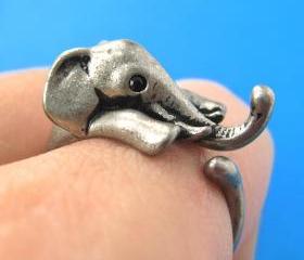 Realistic Elephant Animal Wrap Around Hug Ring in Silver Sizes 4 to 13 