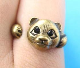 Realistic Panda Bear Animal Wrap Around Hug Ring in Brass Sizes 4 to 8.5 