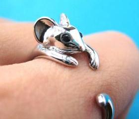 Realistic Mouse Animal Wrap Around Hug Ring in SHINY Silver - Sizes 4 to 8.5 