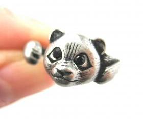 Realistic Panda Bear Animal Wrap Around Hug Ring in Silver Sizes 4 to 8.5 