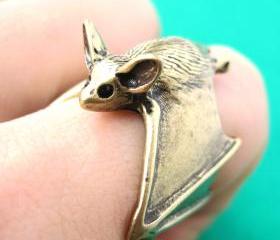3D Adjustable Bat Animal Wrap Around Hug Ring in Brass 