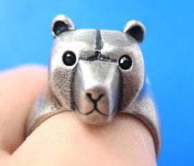 3D Adjustable Polar Bear Teddy Animal Wrap Around Hug Ring in Silver 
