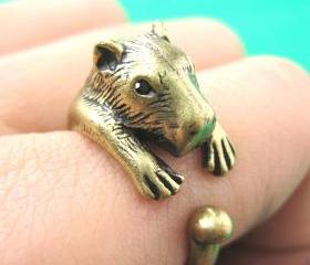 Large 3D Wombat Capybara Animal Wrap Hug Ring in Brass Sizes 4 to 9 
