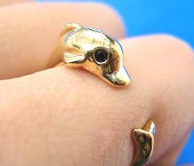 Realistic Dolphin Sea Animal Wrap Hug Ring in SHINY Gold - Sizes 4 to 7 