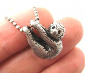 Realistic Baby Sloth Animal Charm Necklace in Silver