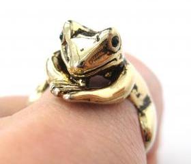 Realistic Frog Animal Pet Wrap Around Hug Ring in SHINY Gold Sizes 4 to 9