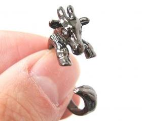 Baby Giraffe Animal Wrap Around Hug Ring in Gunmetal Silver - Sizes 4 to 9