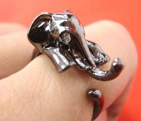 Realistic Elephant Animal Wrap Ring in SHINY Dark Silver Sizes 4 to 13