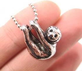 Realistic Baby Sloth Animal Charm Necklace in Shiny Silver