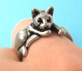 Lazy Kitty Cat Animal Pet Wrap Around Hug Ring in Silver Sizes 4 to 9