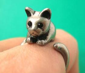 Kitty Cat Animal Pet Wrap Around Hug Ring in Silver Sizes 4 to 9