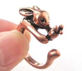 Bunny Rabbit Carrot Animal Wrap Hug Ring in SHINY Copper Sizes 4 to 9