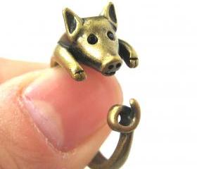 Realistic Piglet Animal Wrap Around Hug Ring in Brass Sizes 4 to 9