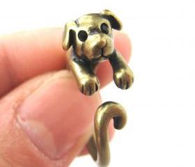 Realistic Puppy Dog Animal Pet Wrap Around Ring in Brass Sizes 4 to 9