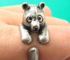 Large 3D Panda Bear Animal Wrap Around Hug Ring in Silver Sizes 4 to 10