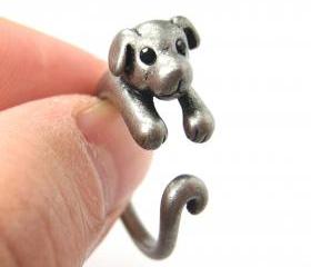 Realistic Puppy Dog Animal Pet Wrap Around Ring in Silver Sizes 4 to 9