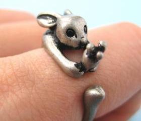 Bunny Rabbit Carrot Animal Wrap Around Hug Ring in Silver Sizes 4 to 9