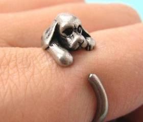 Cocker Spaniel Puppy Dog Animal Wrap Around Ring in Silver Sizes 4 - 9