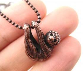 Realistic Baby Sloth Animal Charm Necklace in Copper