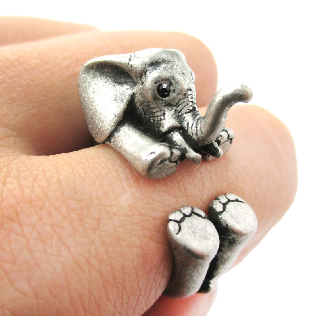3D Baby Elephant Animal Wrap Around Ring In Silver Size 5 To 8.5 on