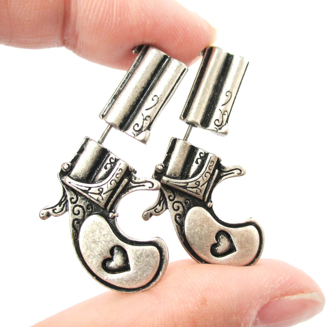 3D Fake Gauge Realistic Double Pistol Gun Stud Earrings In Silver on Luulla