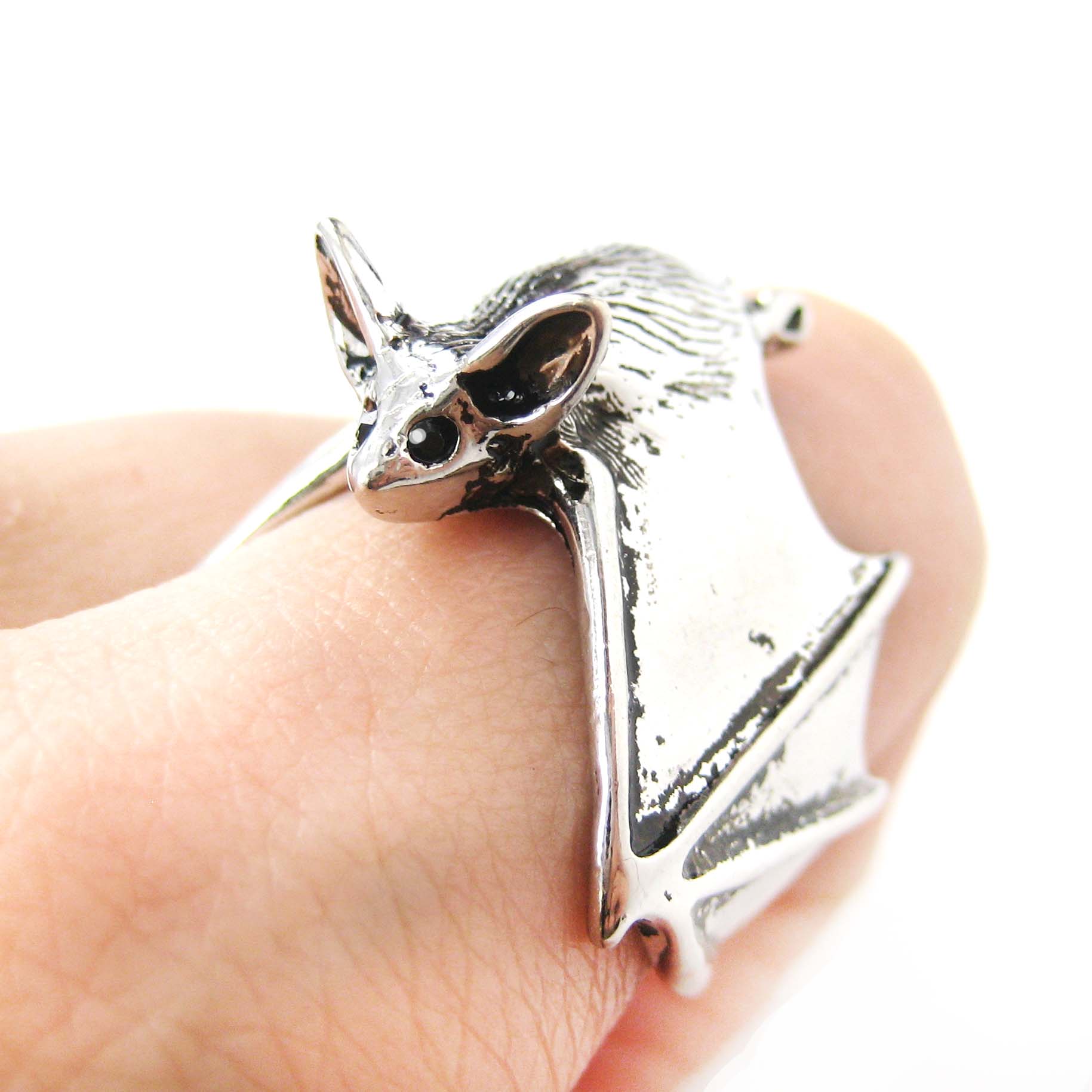 3D Bat Animal Wrap Around Hug Ring In SHINY Silver Sizes 5 To 10